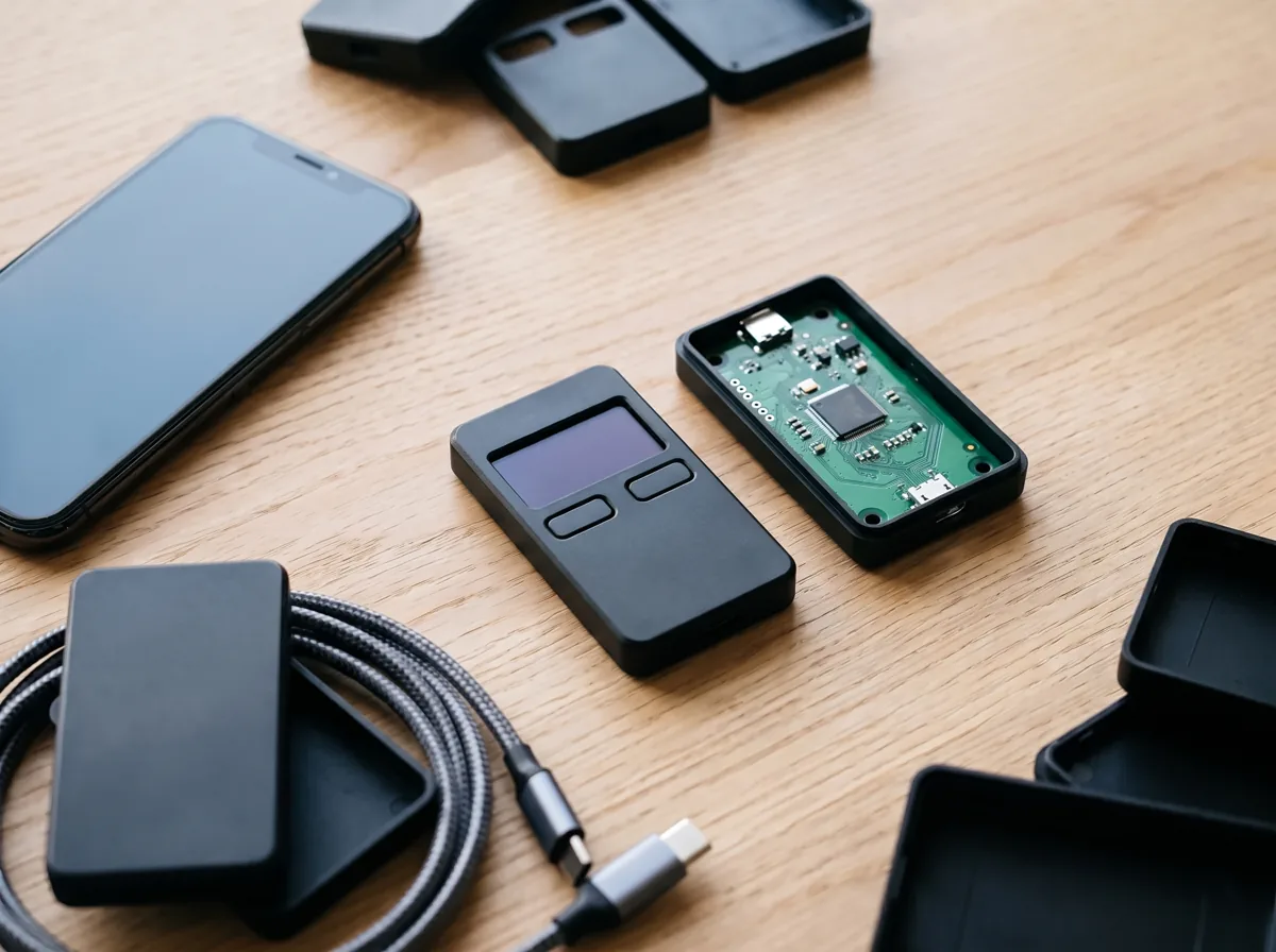 A hardware wallet, an open prototype circuit board, a phone and calipers on a workbench