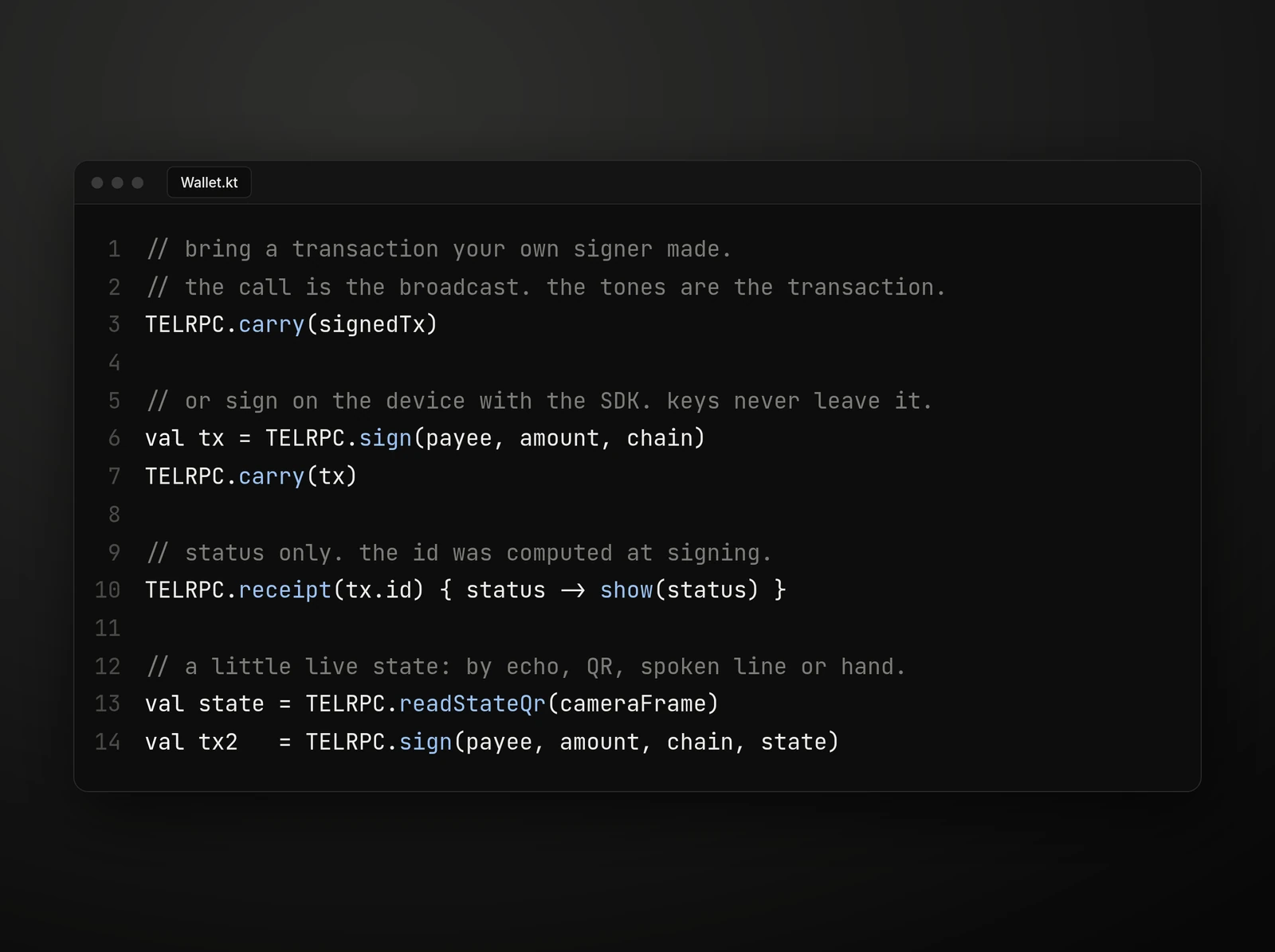 The TELRPC SDK in an editor: carry a signed transaction, sign on the device, read the receipt