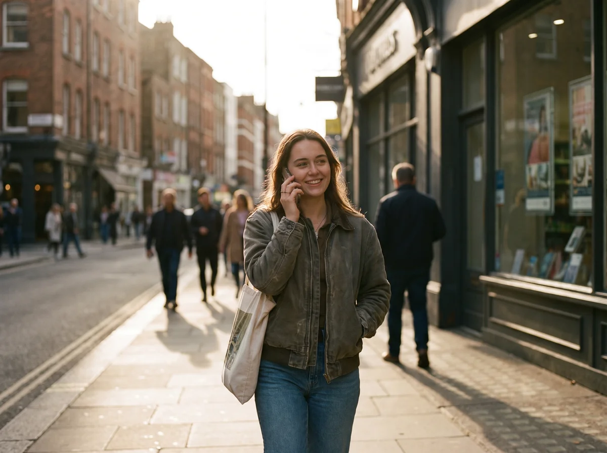 A young woman on a sunlit street, making a phone call